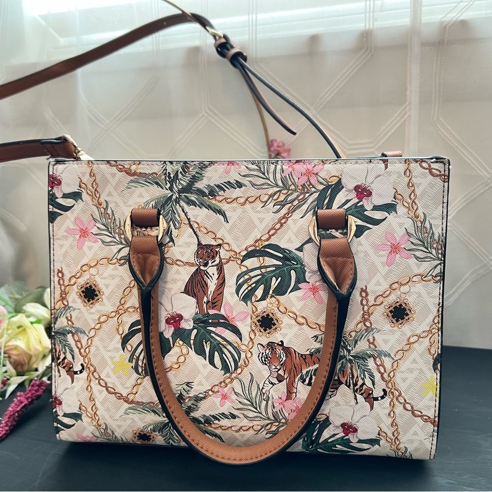 ALDO Floral Tiger Print Tote|Purse with Tan Trim - Picture 3 of 9